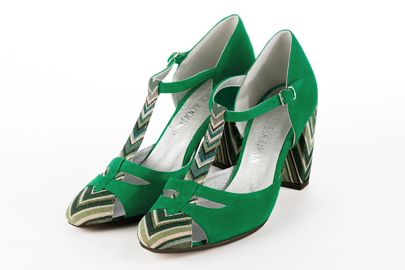 Emerald green women's T-strap open side shoes. Round toe. Very high block heels. Front view - Florence KOOIJMAN